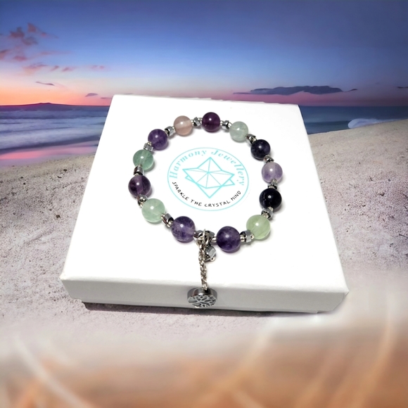 8 mm Fluorite with Tree of Life charm bracelet - Picture 1 of 2